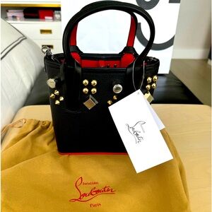 CHRISTIAN LOUBOUTIN CABATA MINI EMBELLISHED LEATHER TOTE IN BLACK/MULTI